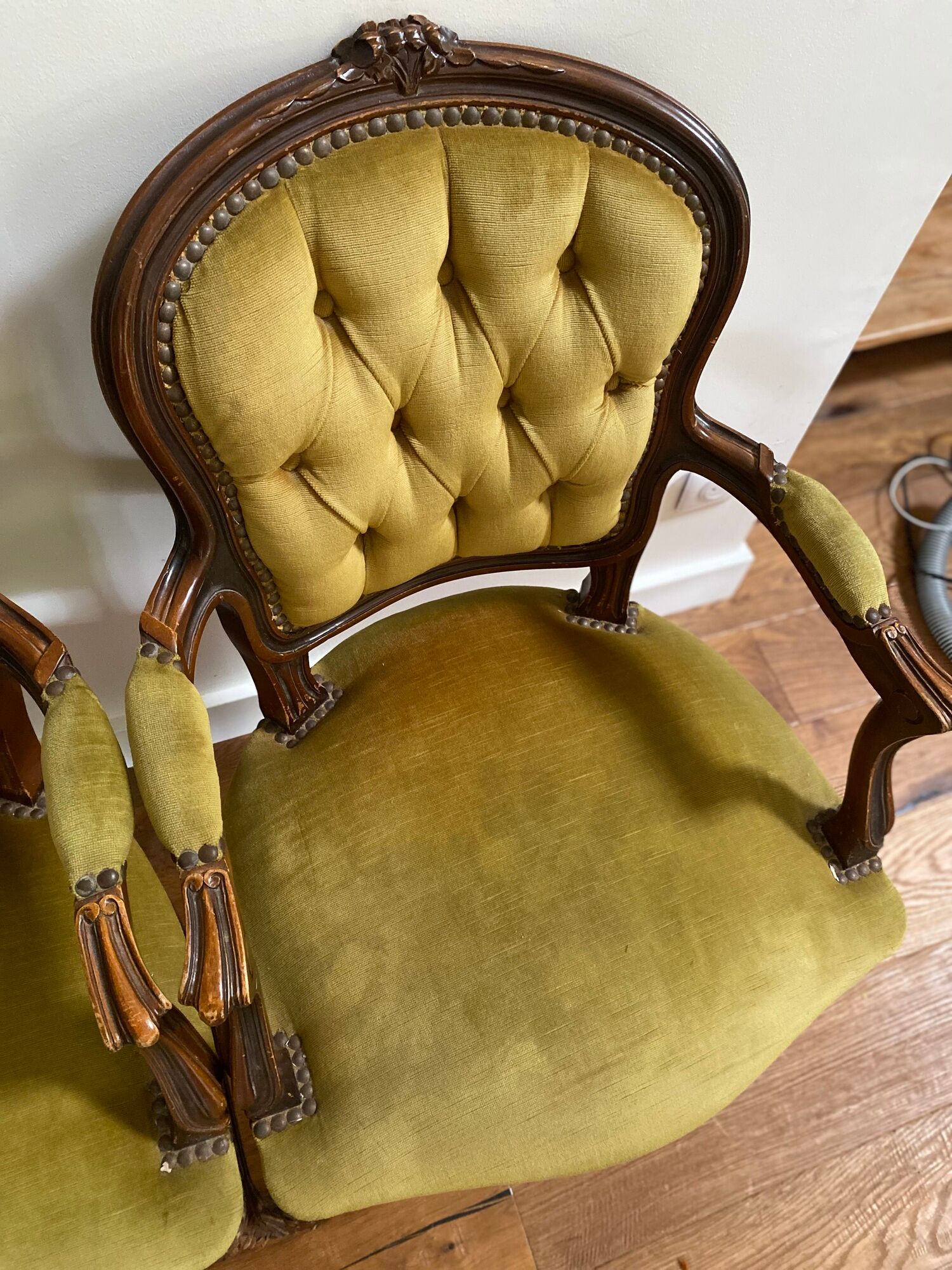 Cabriolets or Bergère armchairs Louis XV style in light green upholstered velvet