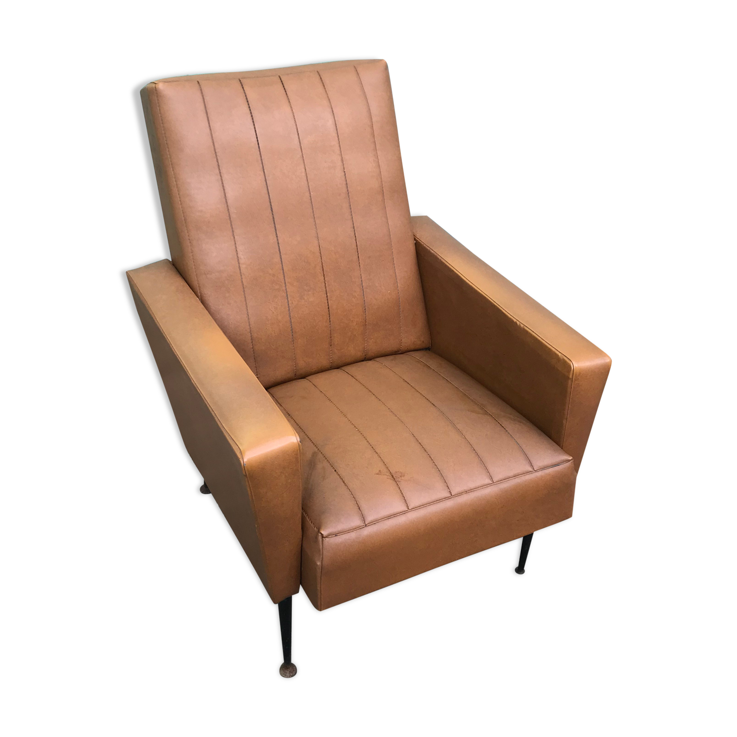 Former skai brown chair - black metal compass feet vintage 70s