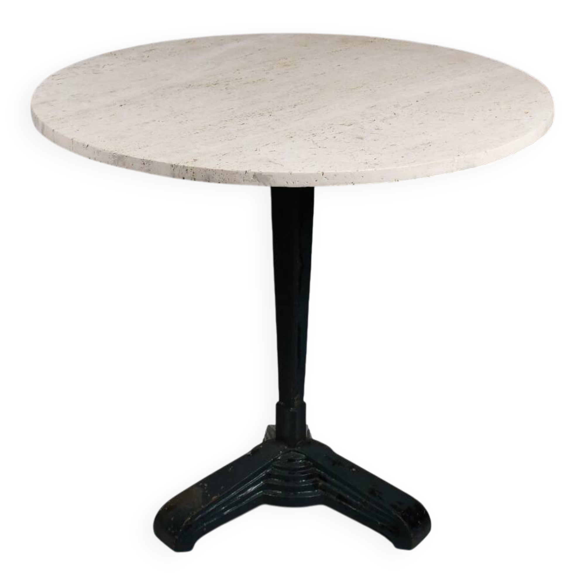 Vintage travertine bistro/dining table with metal base. (B)