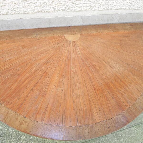 Ancienne console, table de jeux demi-lune en bois