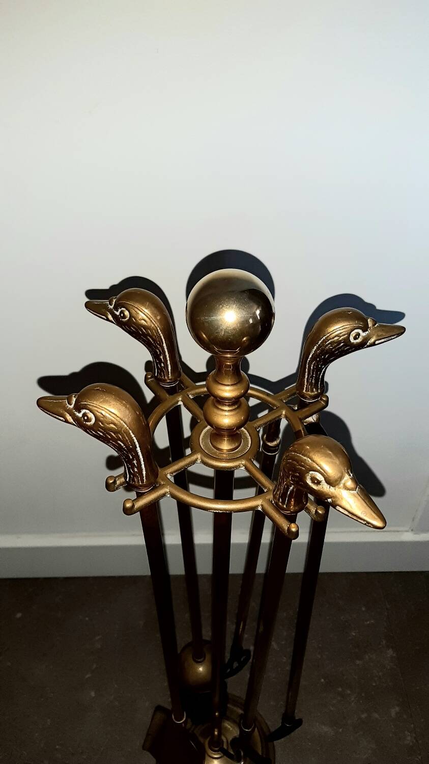 Brass goose head fireplace set