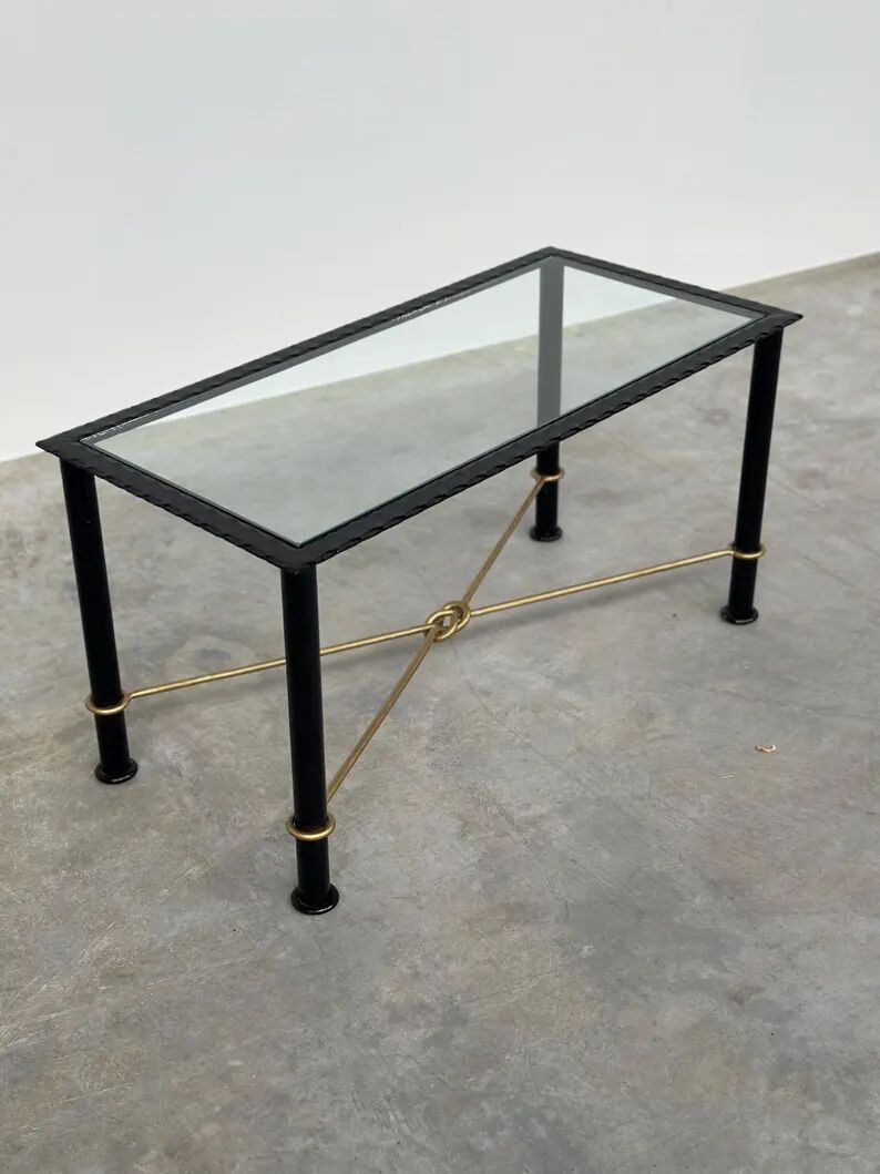 Vintage Coffee Table in Textured Black Wrought Iron and Glass with Gold Detail, 1970s