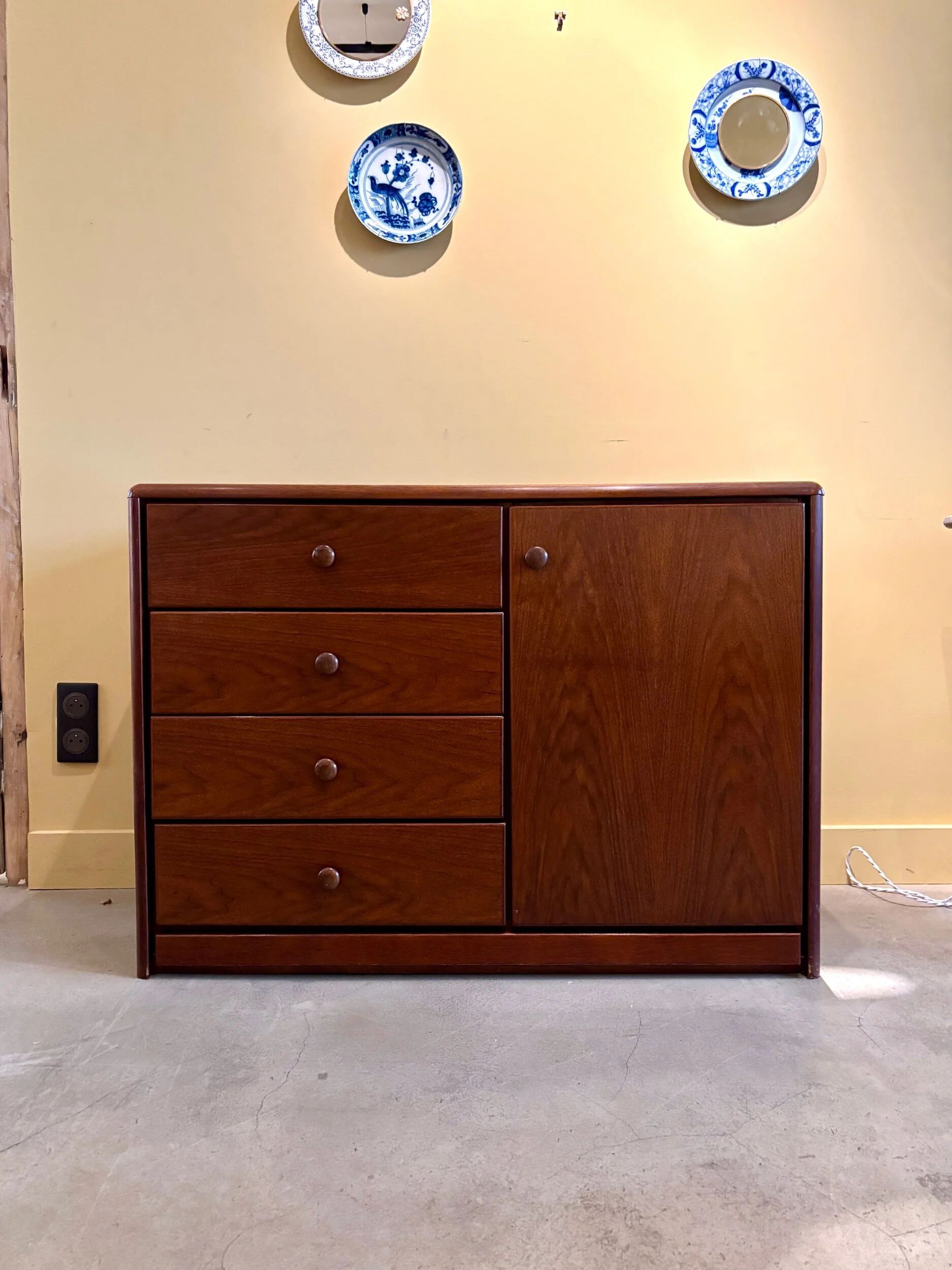 Chest of drawers, buffet with 3 drawers, 1 door in dark wood, France 1982