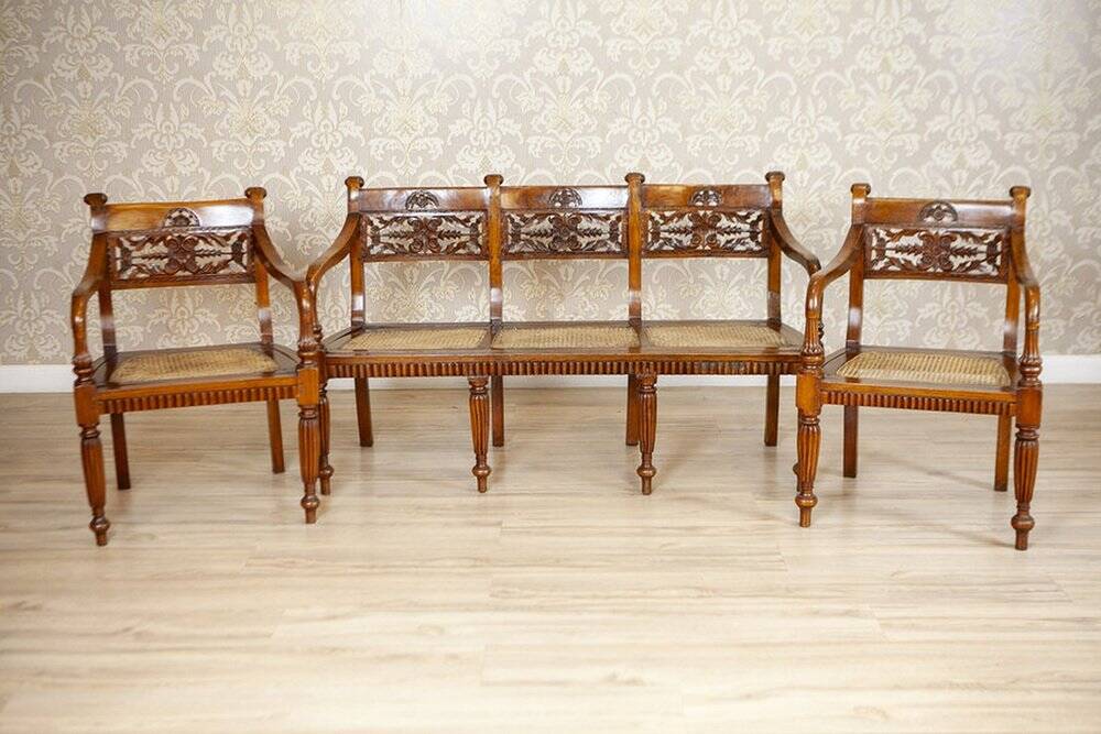Antique Rosewood Parlor Set with Carved Backrests, Set of 3