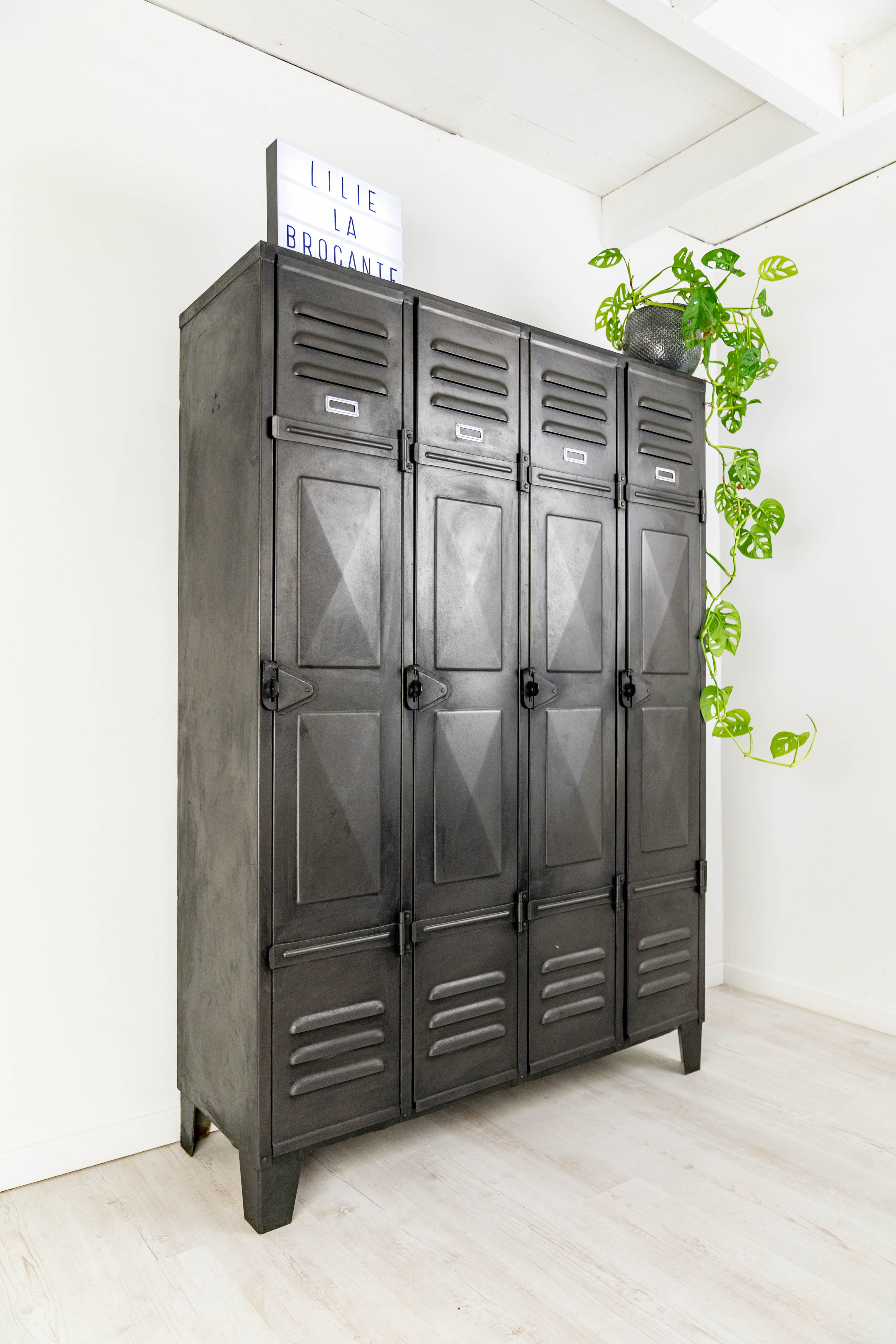 Very nice vintage metal industrial cloakroom with diamond-tipped doors
