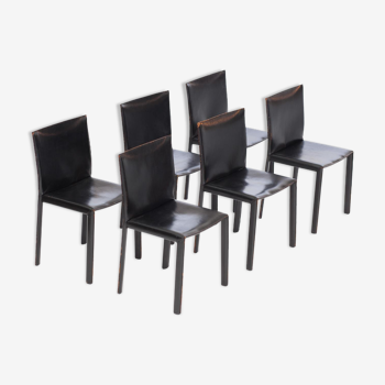 Set of 6 chairs in black leather by Studio Grassi & Bianchi for Pellizoni Pasqualina 1980