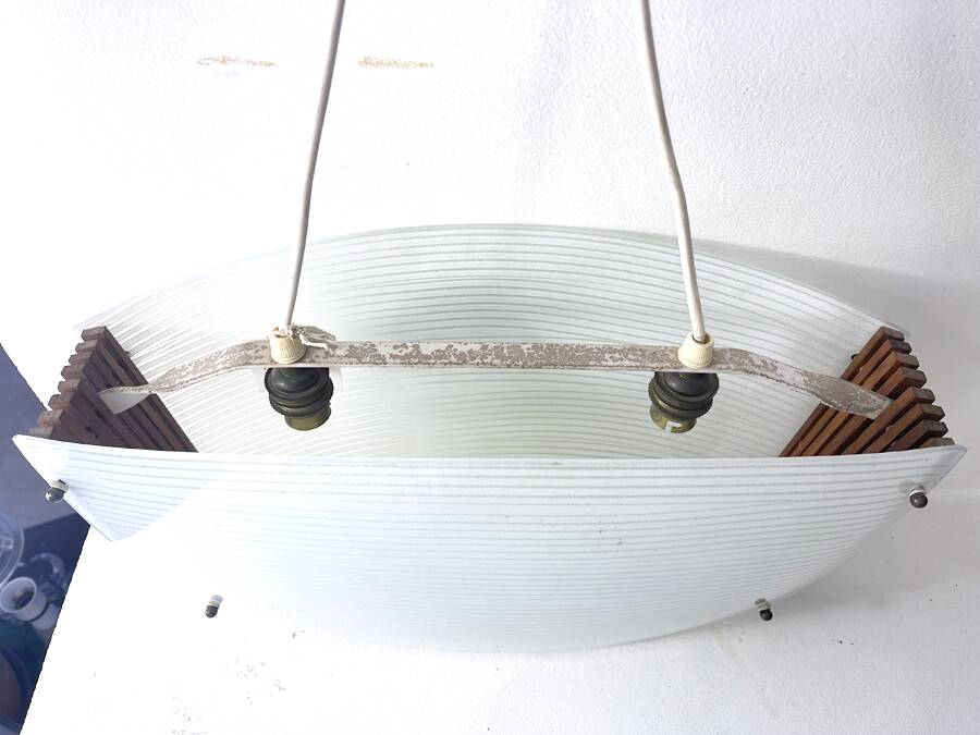Scandinavian pendant light in ribbed glass and teak, 1960