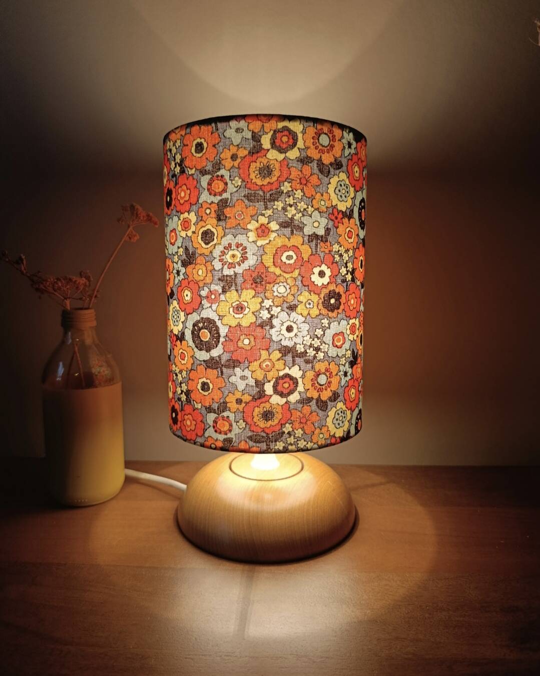 vintage light wood lamp, flower power lampshade