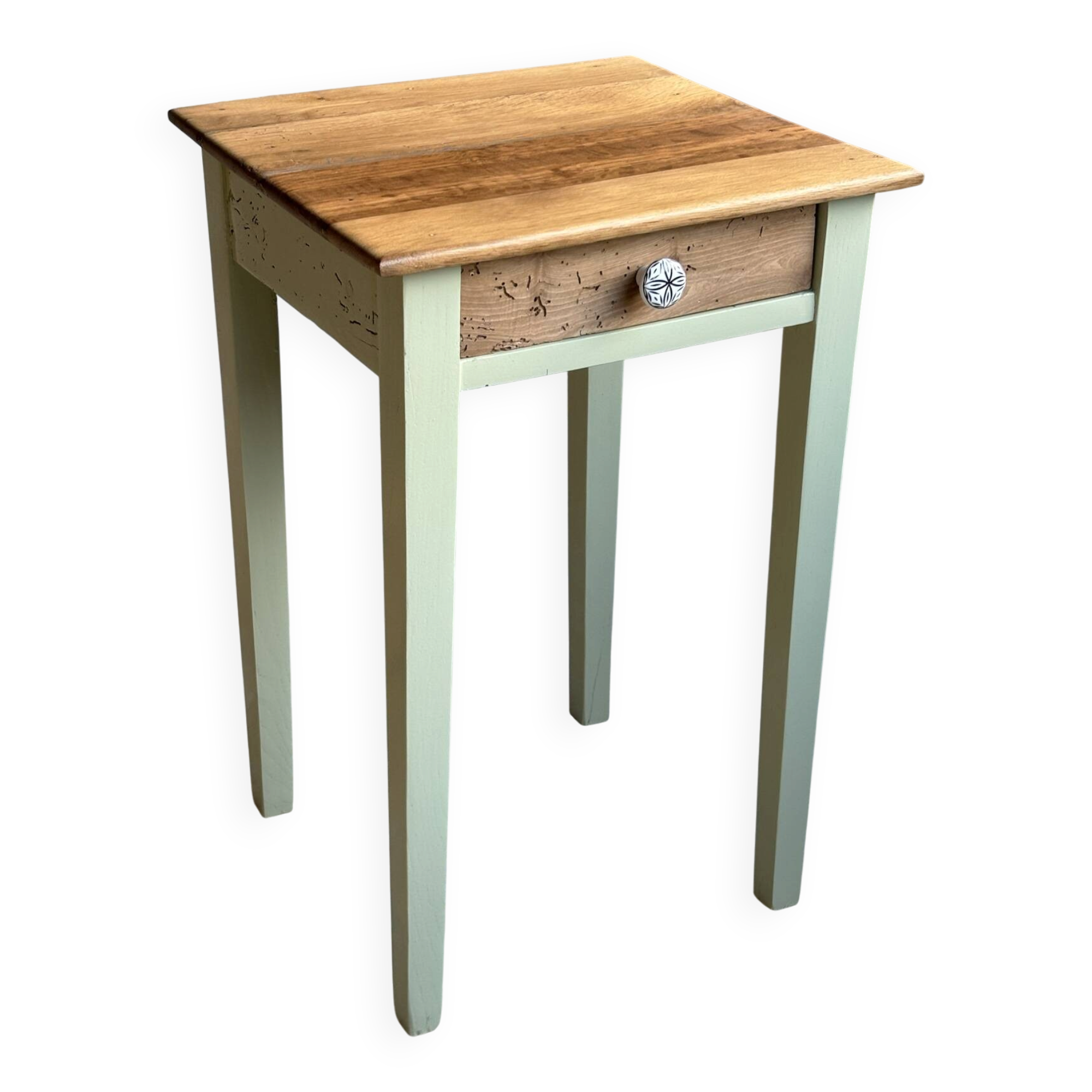 Restored antique oak bedside table - almond green and natural varnished wood