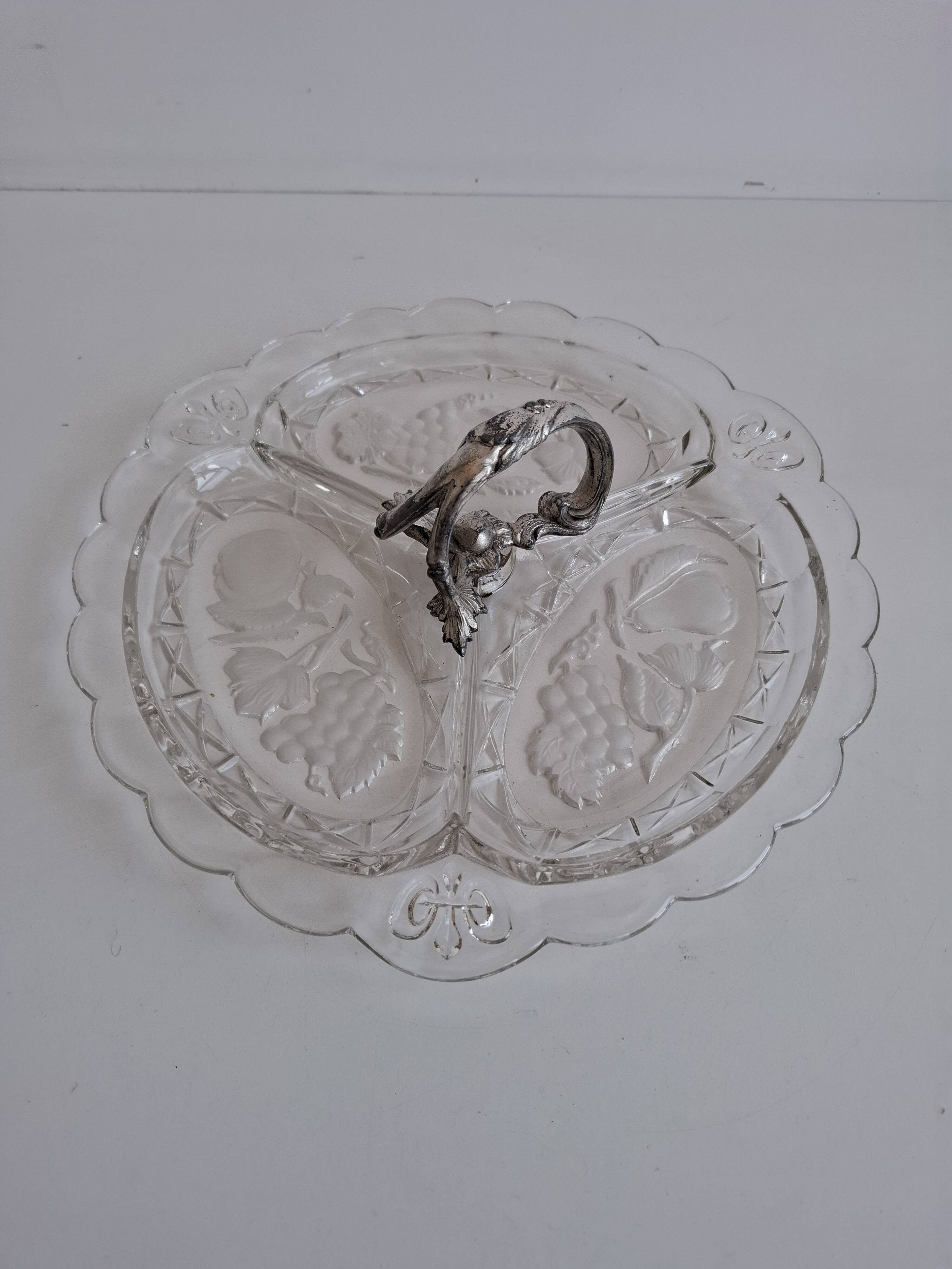 Art Deco Pressed Glass Divided Serving Dish with Alpaca Handle, 1930