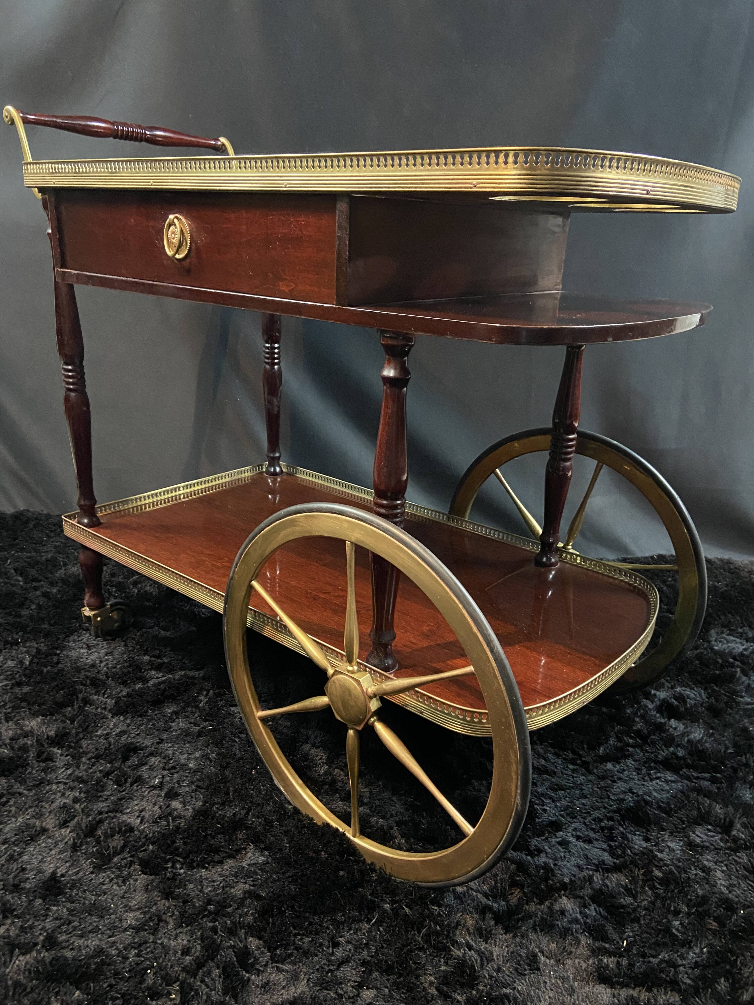 Rolling bar cart, bar trolley, bar rolling in varnished mahogany and brass