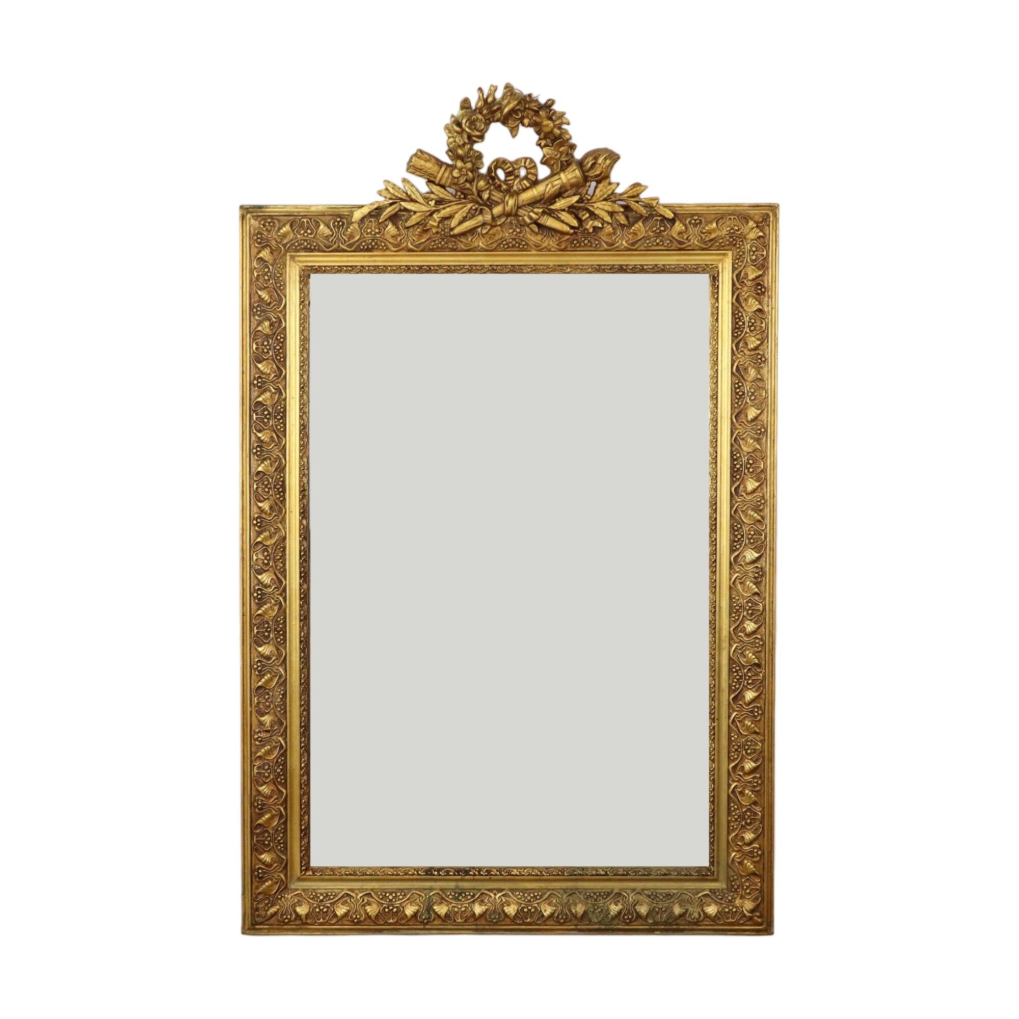 Antique french neoclassical gold mirror with crown pine wood 117cm