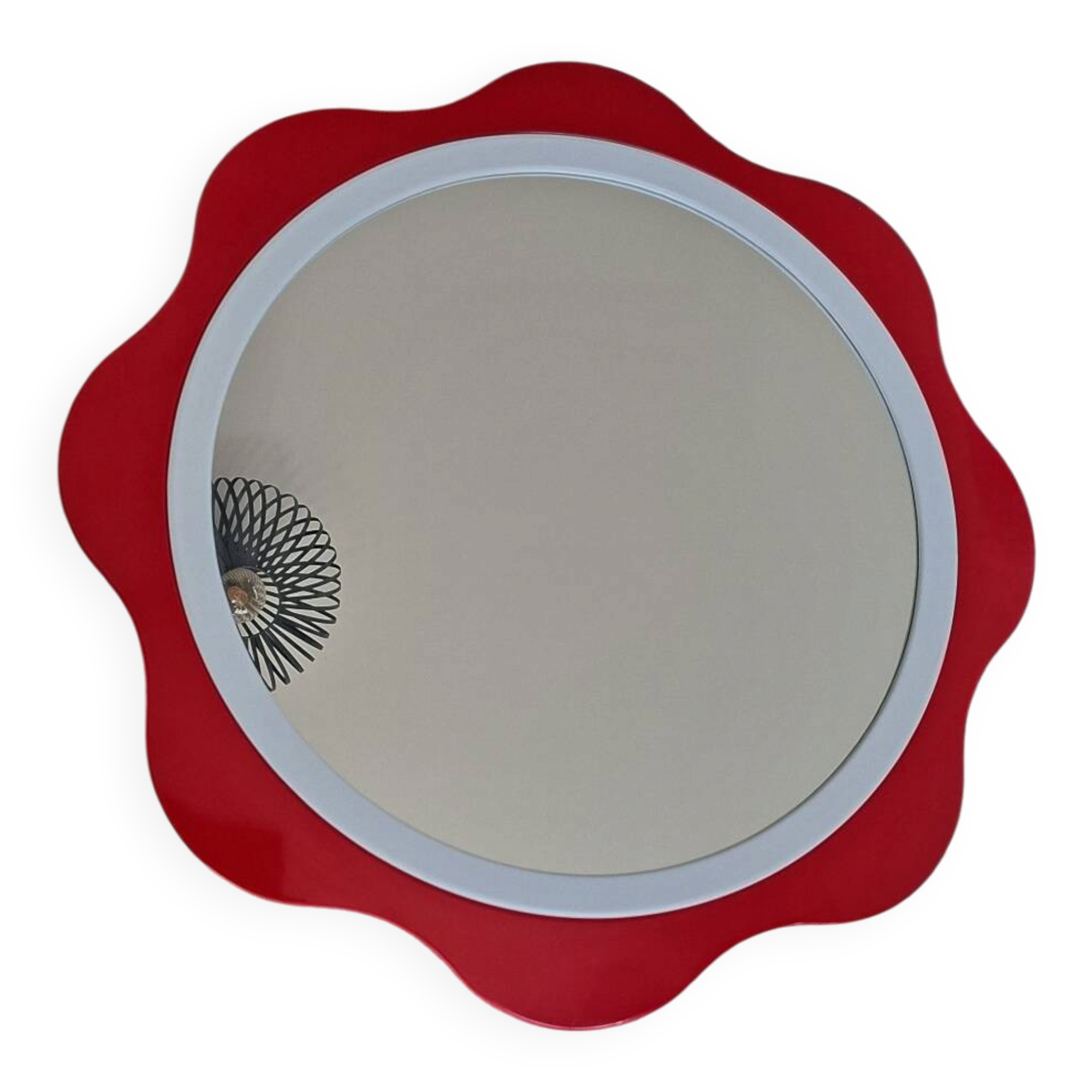 Round wall mirror 53 cm red/white vintage 1960s/70s