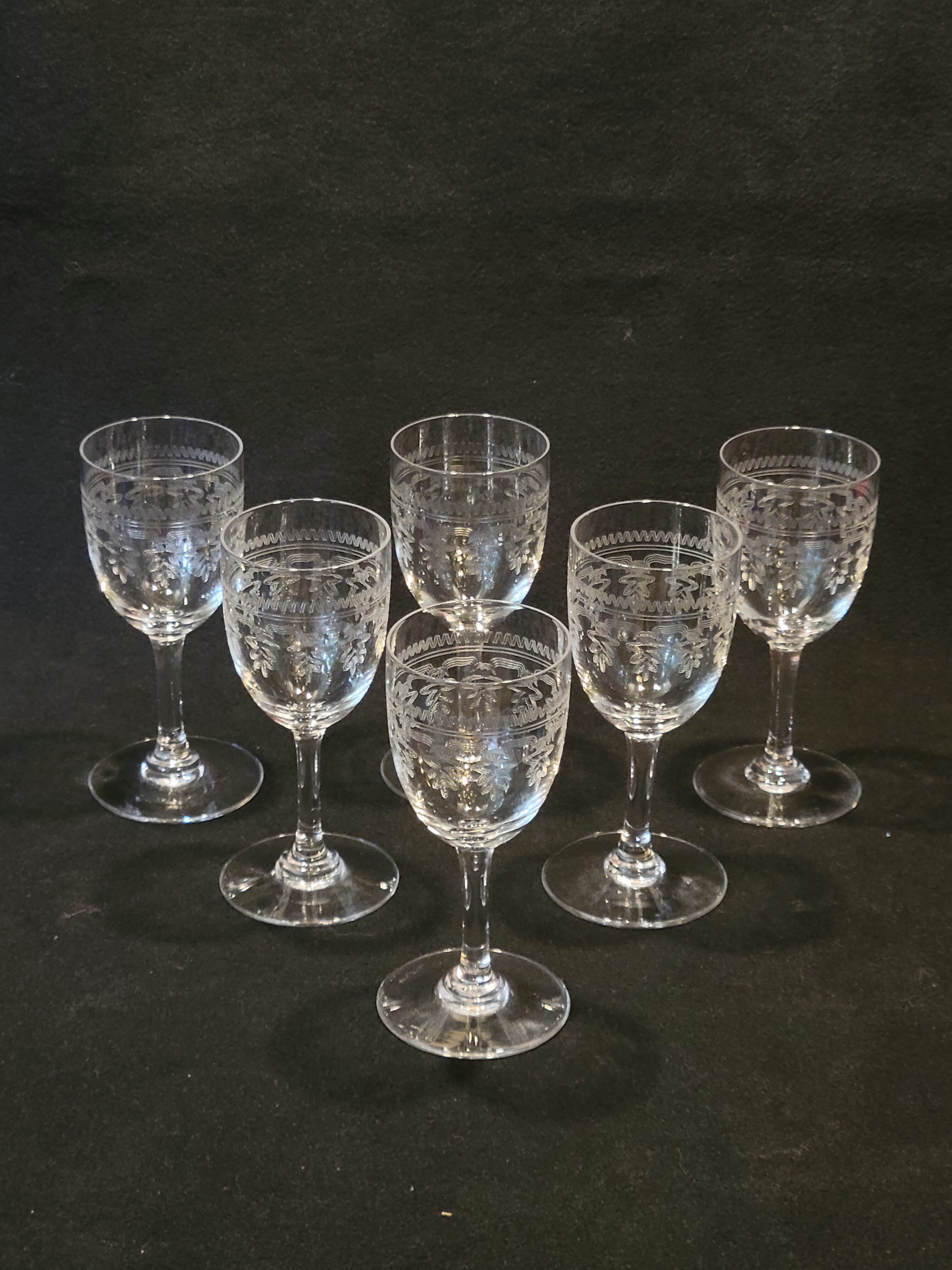 6 old glasses with engraved baccarat crystal wine stems