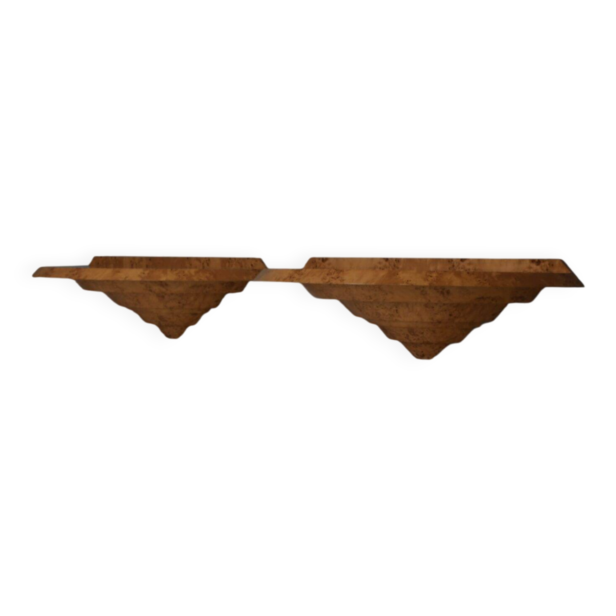 Elegant pair of Art Deco consoles in burl wood
