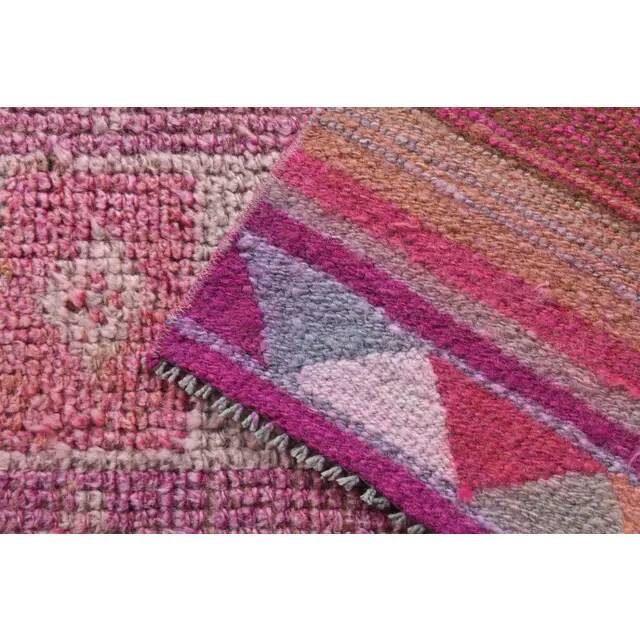Tapis coureur vintage en laine et coton turc noué à la main rose 87x328