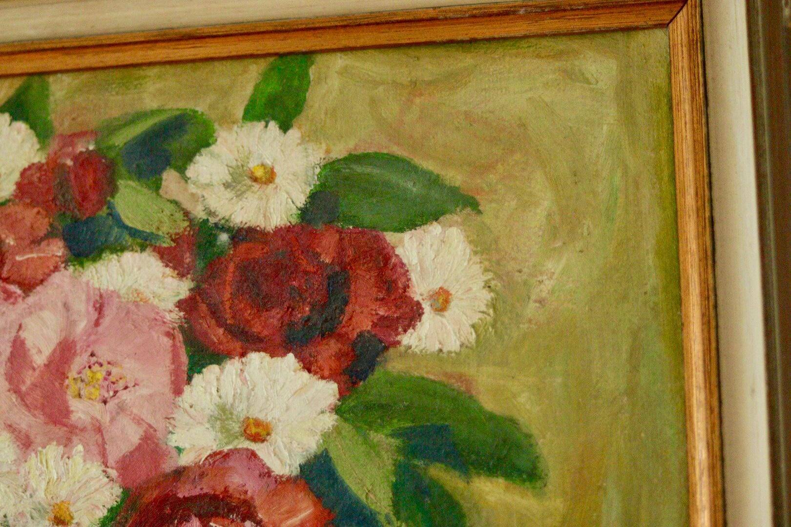 Peinture à l'huile sur panneau vintage européenne originale – « Décoration florale »