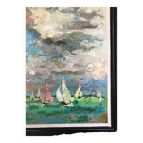 French school of the 20th century. The regattas. Oil on cardboard.