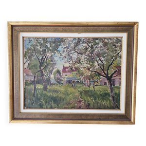 Tableau Huile sur Papier - Cours de ferme Pommiers en fleurs Signé J. Robin