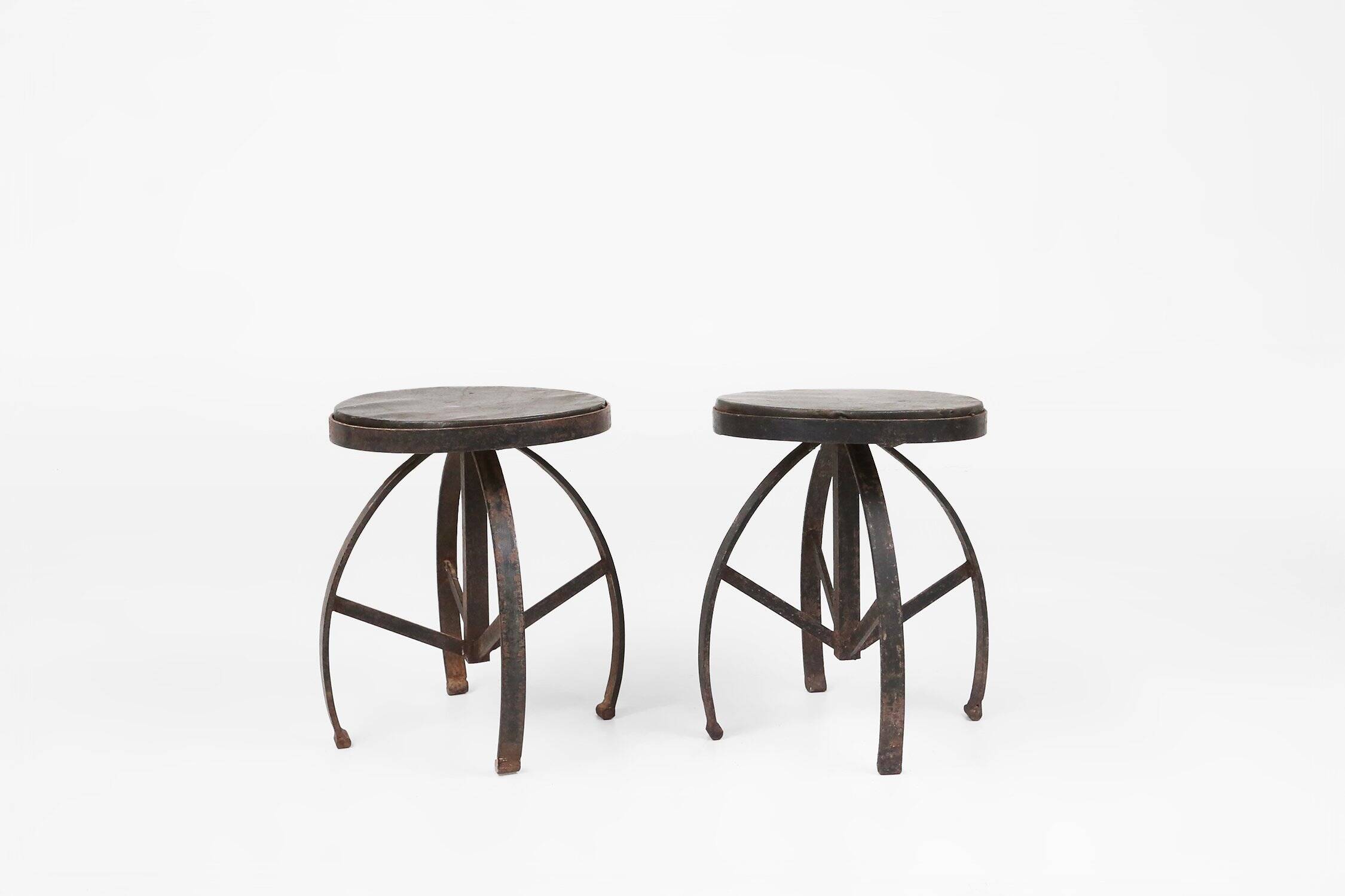 Industrial Black Metal Stool with Frame, France 1920s