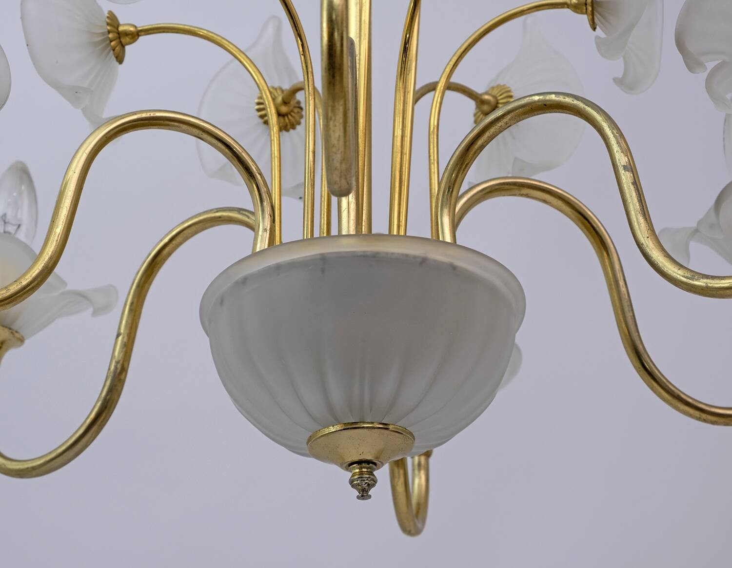 Mid-Century Modern Italian Murano Lattimo and Brass Chandelier, 1970s