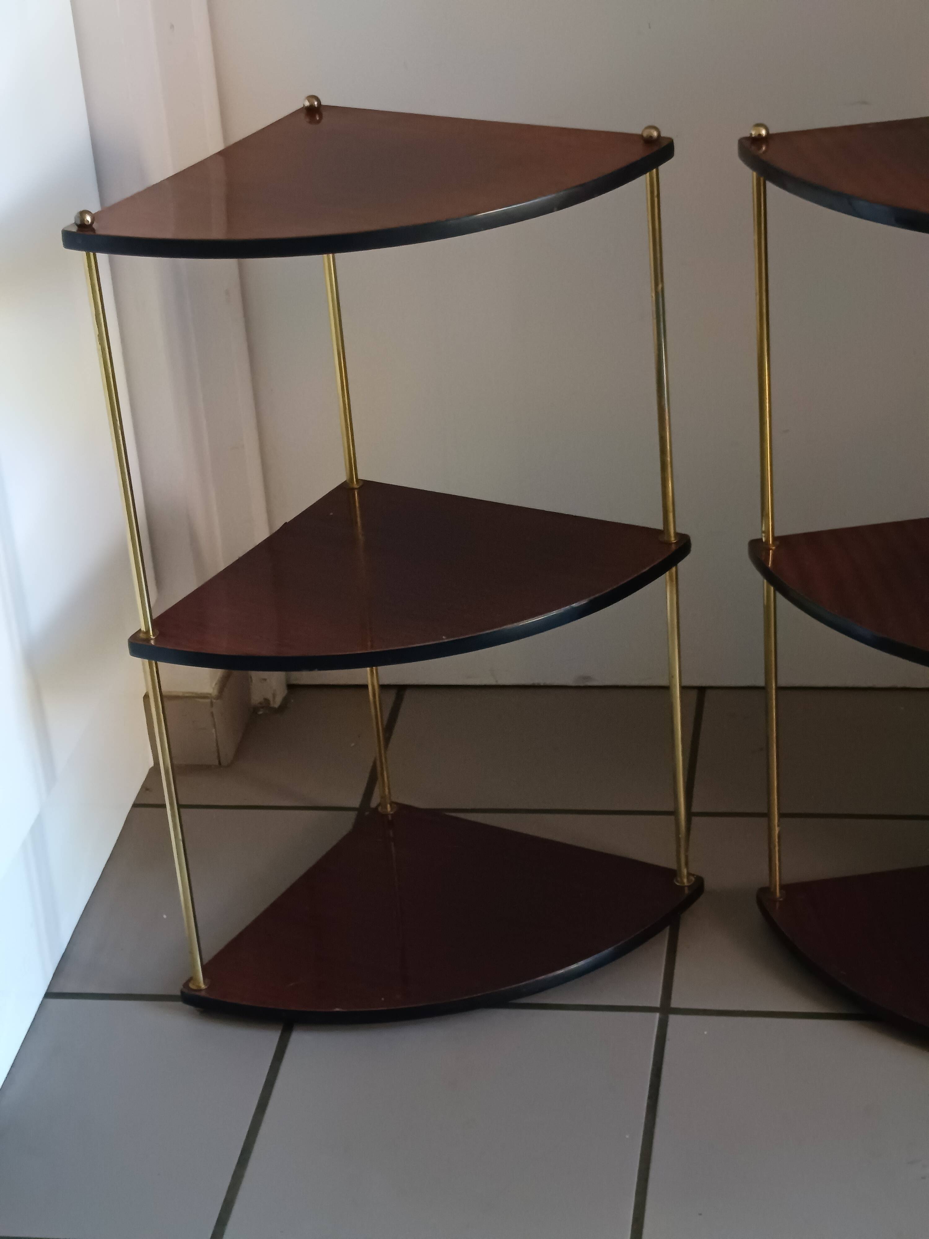 Pair of vintage corner shelves in wood and gold metal, 1960s