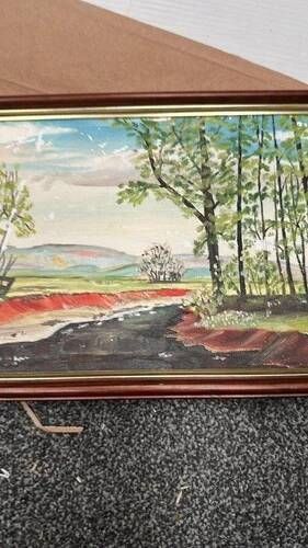 Mid-Century Oil on Panel “Water Canal” by He 84, Signed & Framed 33x23 cm
