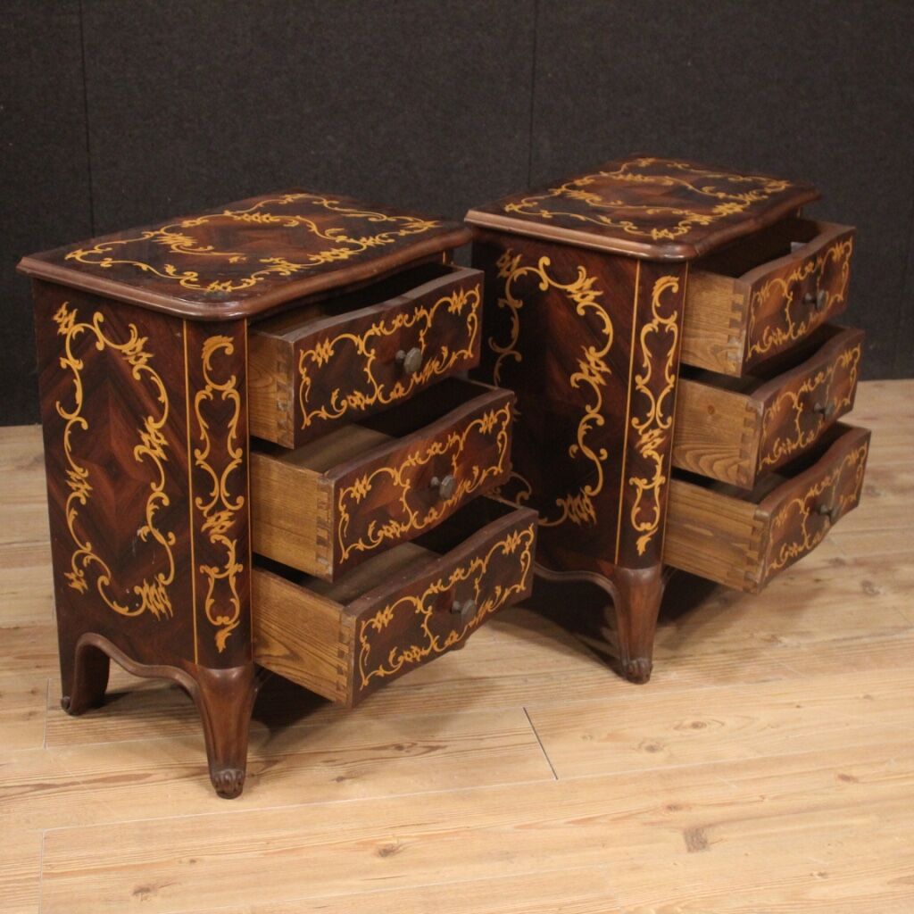 Pair of Italian inlaid bedside tables in walnut, maple and beech