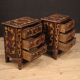 Pair of Italian inlaid bedside tables in walnut, maple and beech