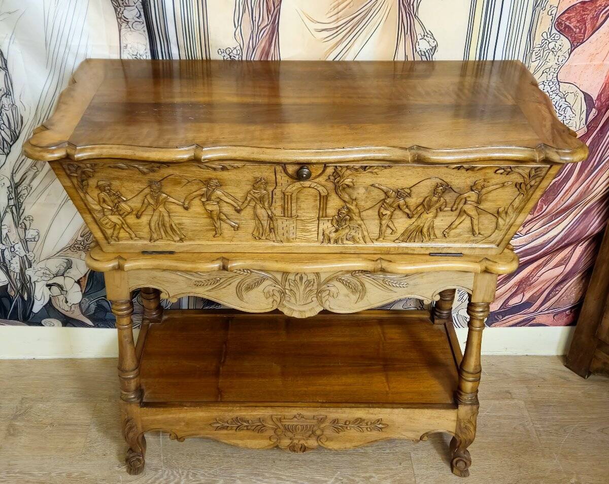 Bread trough / carved walnut – animated scene decoration – early 20th century
