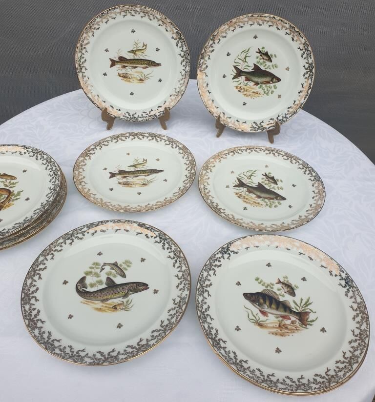Set 12 plates porcelain gold fine fish fern limousine de Chastagner