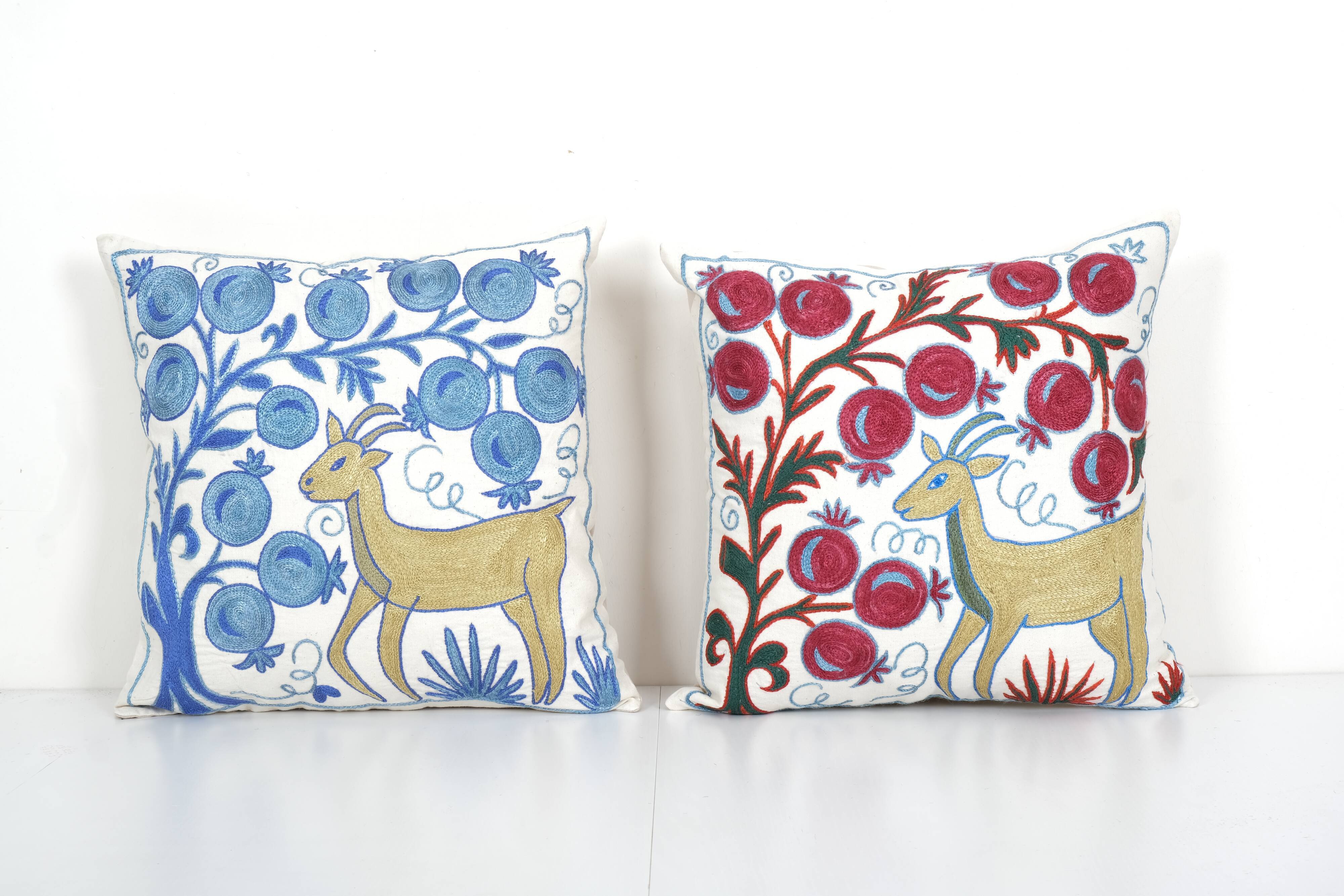 Uzbek Suzani Square Cushion Cover with Animal Motif, Tree of life Deer Pictorial Suzani Pillow Case