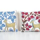 Uzbek Suzani Square Cushion Cover with Animal Motif, Tree of life Deer Pictorial Suzani Pillow Case