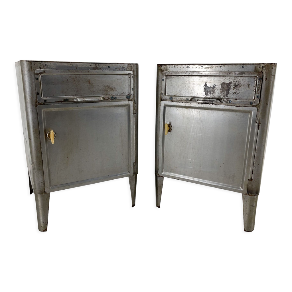 Tables de chevet industrielles en acier brossé, années 1920 | Selency