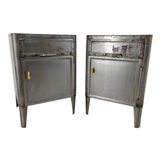 Vintage industrial brushed steel nightstands, 1920's