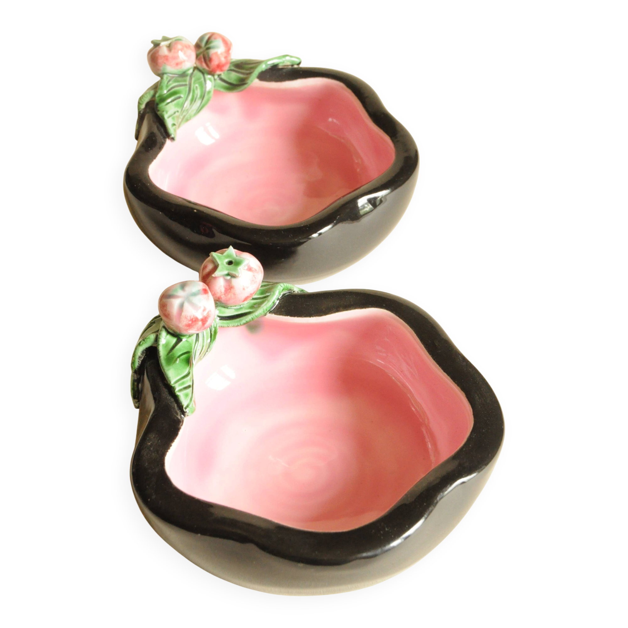 Black and Pink Ceramic Tomato Bowls — Keramos Sèvres, Mid-Century