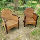 Paire de fauteuils en bois et rotin 1980