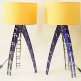Pair of blue industrial design lamps with yellow shades - Space Age Rocket