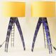 Pair of blue industrial design lamps with yellow shades - Space Age Rocket