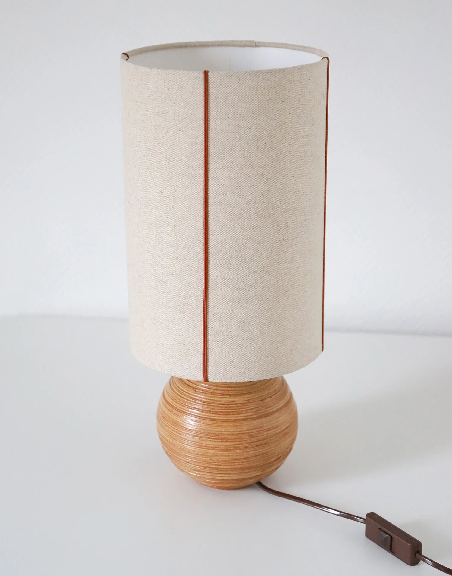 Recycled vintage lamp — honey ceramic base, natural linen shade