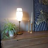 Mid-century gold metal table lamp with white striped shade