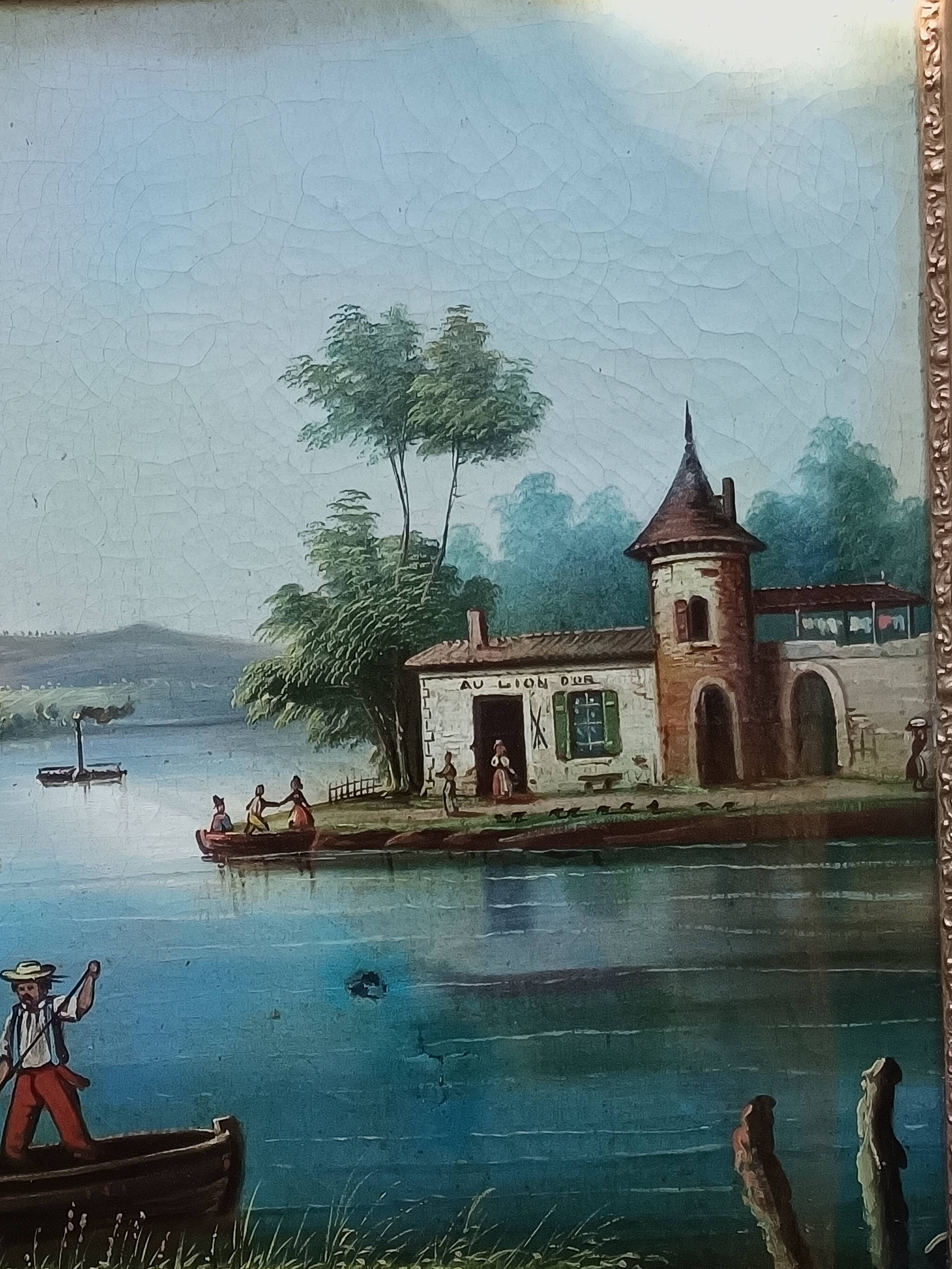 Antique trumeau with romantic decor, oil on canvas, mirror, late 19th and early 20th century