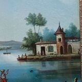 Antique trumeau with romantic decor, oil on canvas, mirror, late 19th and early 20th century