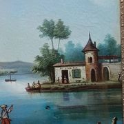 Antique trumeau with romantic decor, oil on canvas, mirror, late 19th and early 20th century
