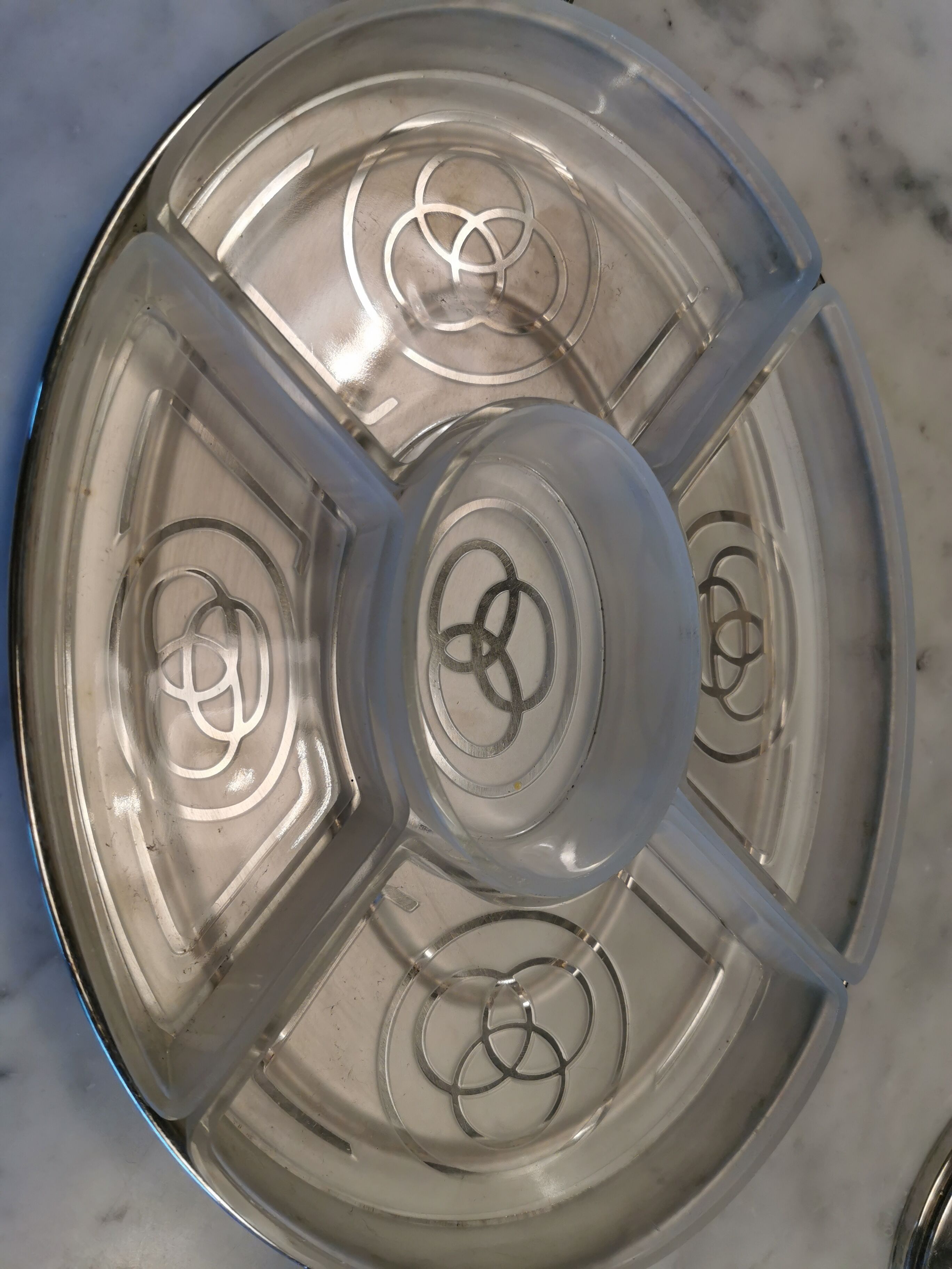 Vintage Art Deco silver-plated tray with glass bowls.