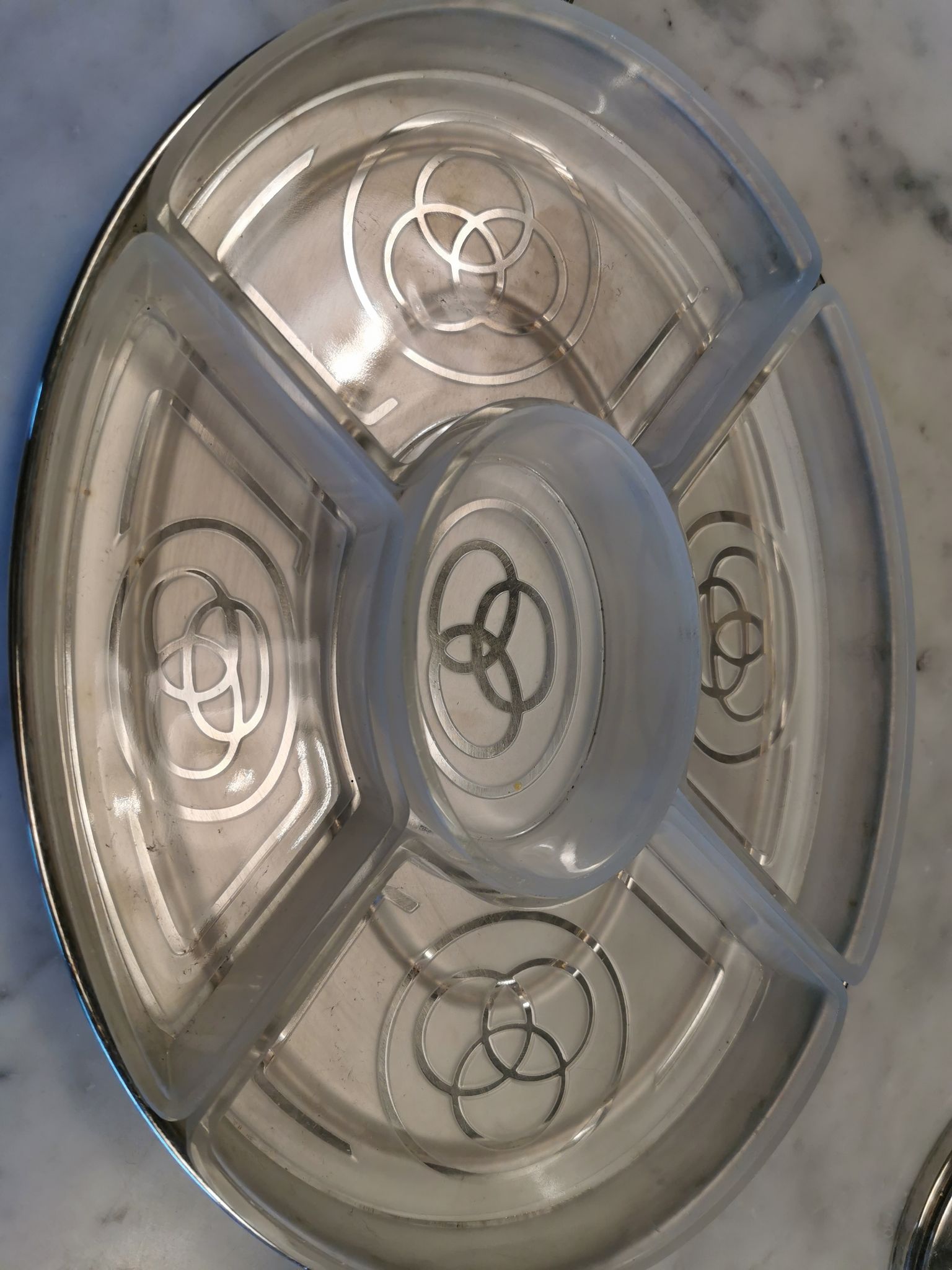 Vintage Art Deco silver-plated tray with glass bowls.