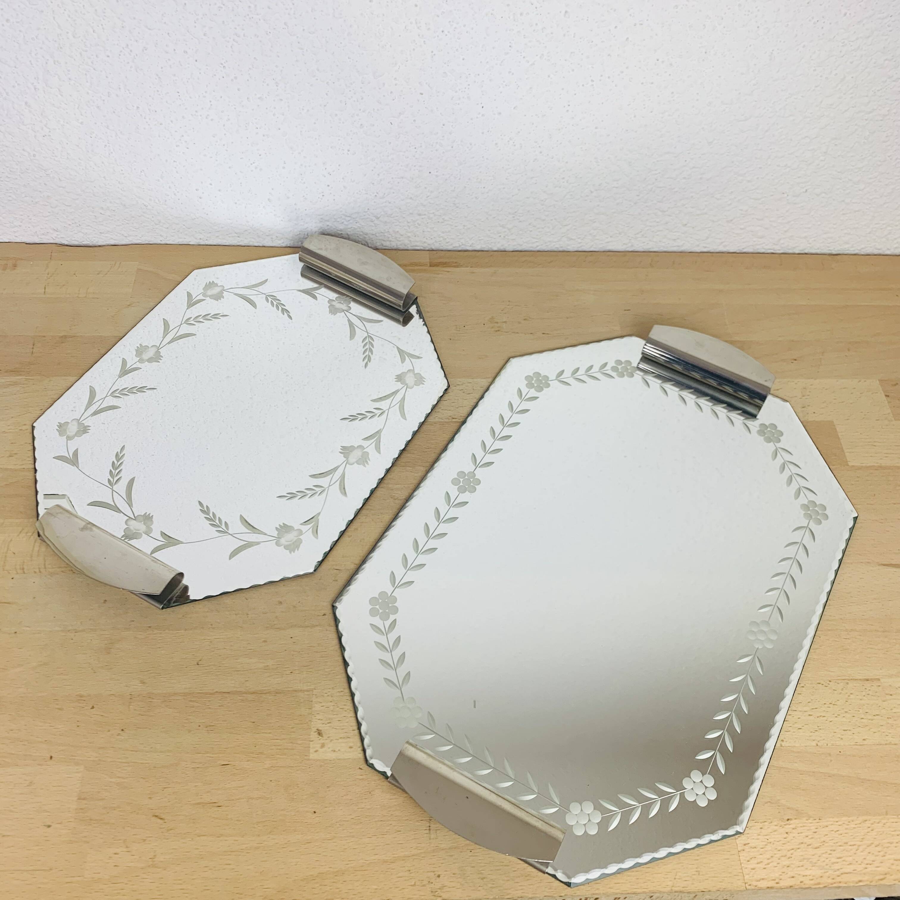 2 beveled art deco mirror trays