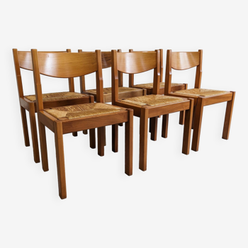 Series of 6 brutalist Maison Regain straw chairs in solid elm.