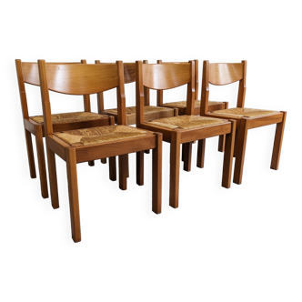 Series of 6 brutalist Maison Regain straw chairs in solid elm.