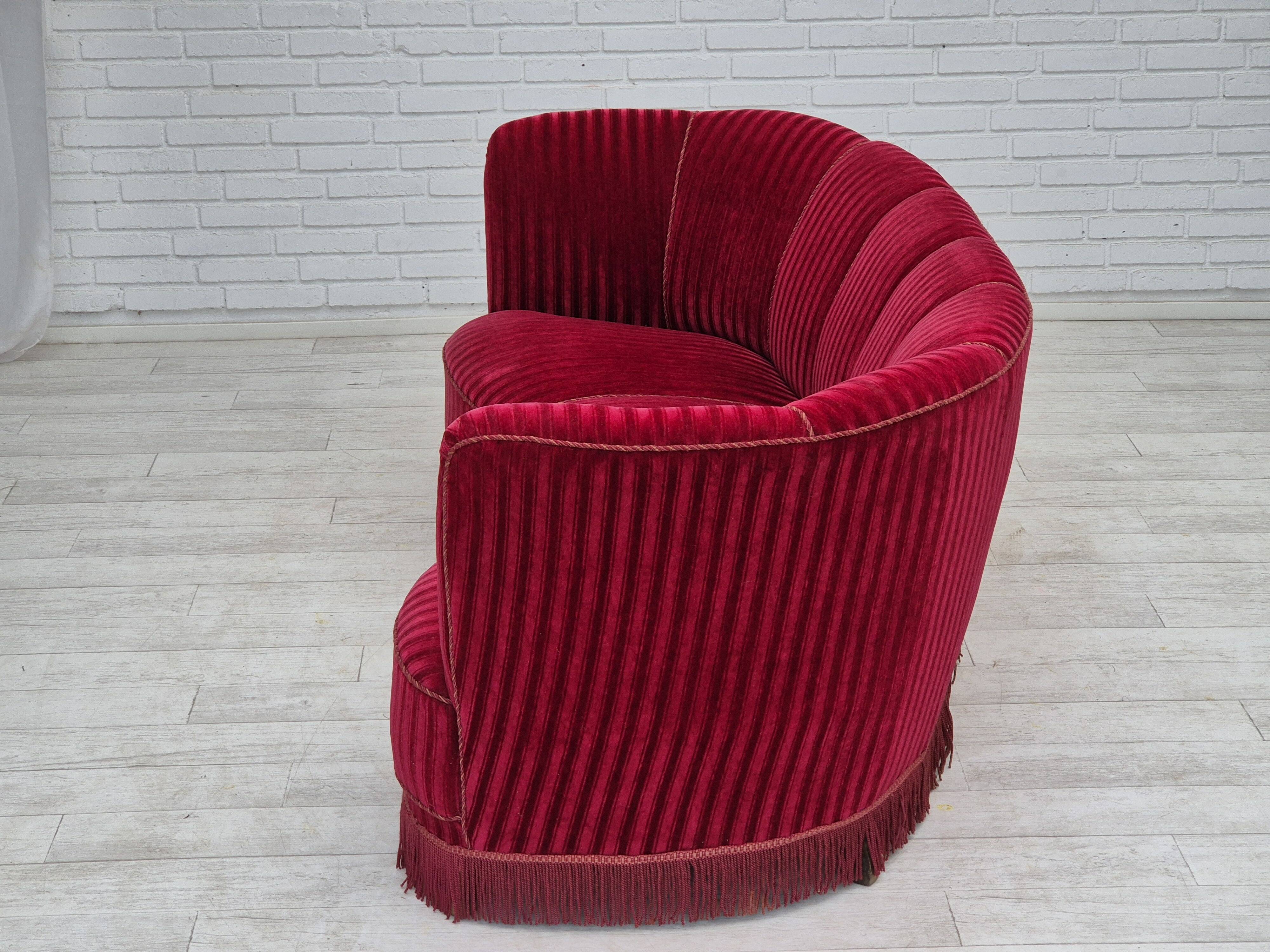 1960s, Danish 3-seater "Banan" sofa, original cherry-red furniture velour.